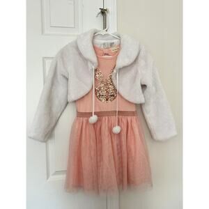 Girls pink bunny dress with tulle skirt, size 8 (comes with white faux fur shaw)